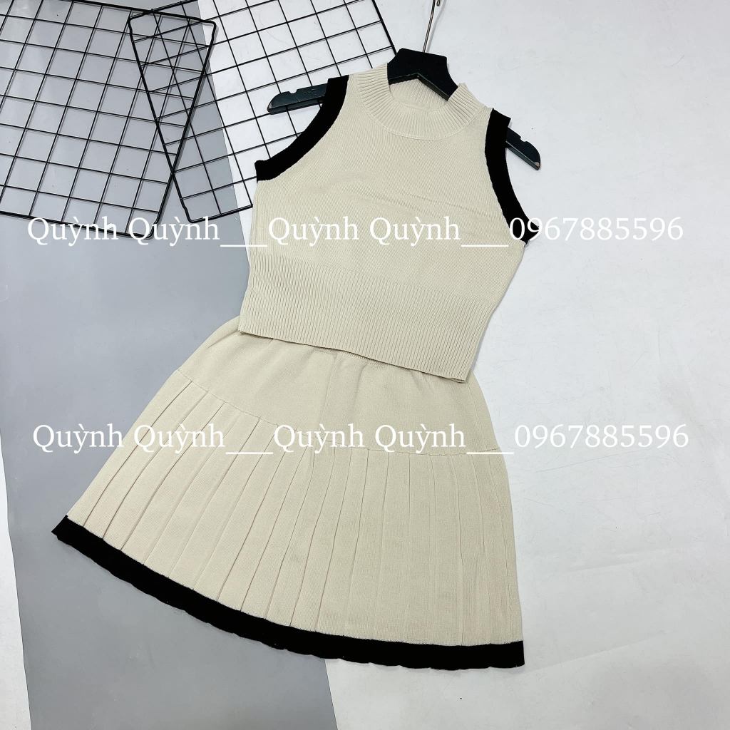 Sét len be mềm áo dáng ngắn sát nách + chân váy cạp cao xếp ly