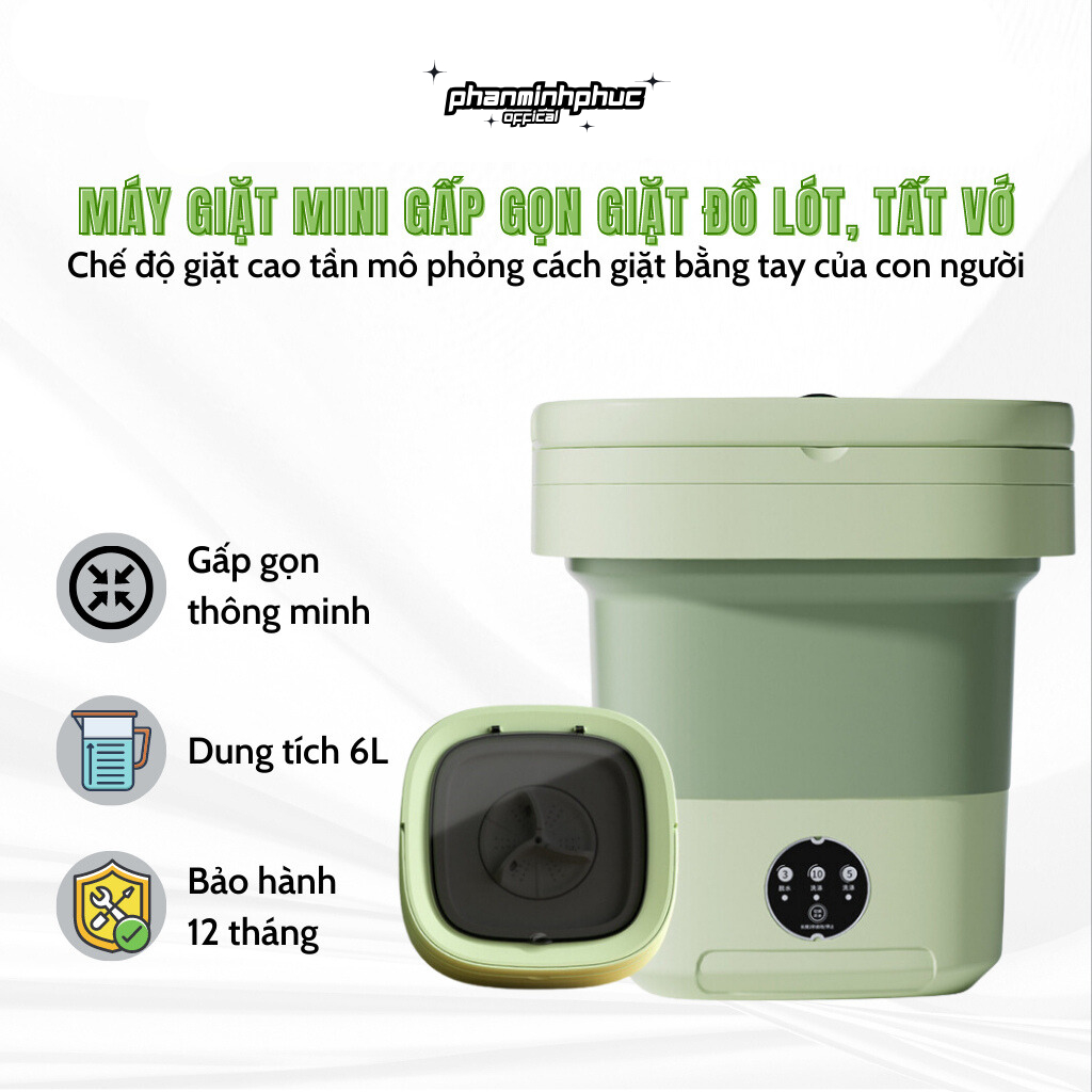 Máy giặt mini, máy giặt gấp gọn khử khuẩn bằng ánh sáng xanh dung tích 6L - giặt đồ lót, đồ em bé