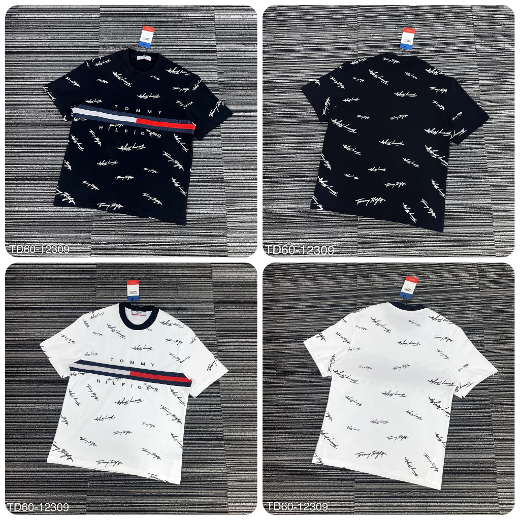 Áo phông nam nữ Tommy Hilfiger in vạch sọc đen trắng đỏ chữ kí quanh áo. Áo Thun Unisex Form Unisex Siêu Hot 2023