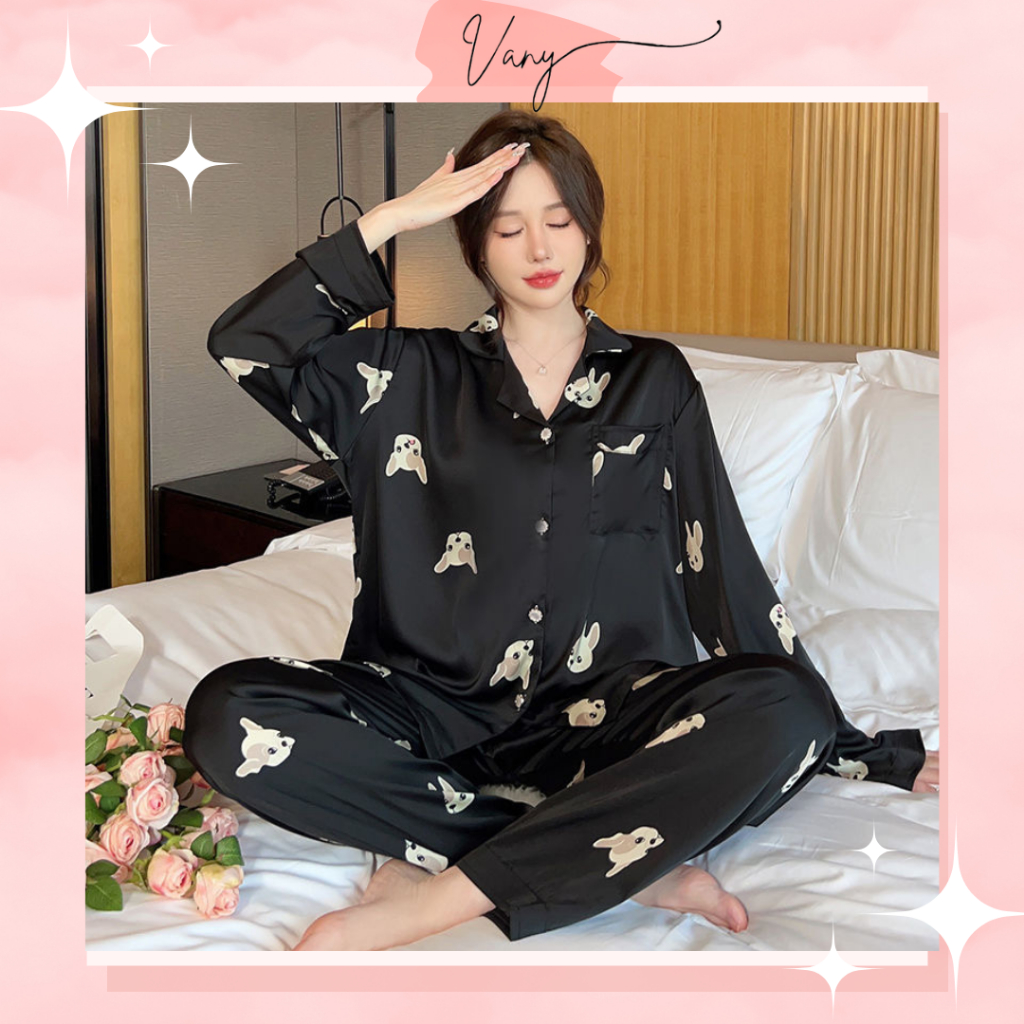 Bộ Đồ Ngủ Pijama Tay Dài In Hình Chú Chó Pull Màu Đen Sang Chảnh Chất Lụa Mịn Đẹp Đủ Size Form Rộng