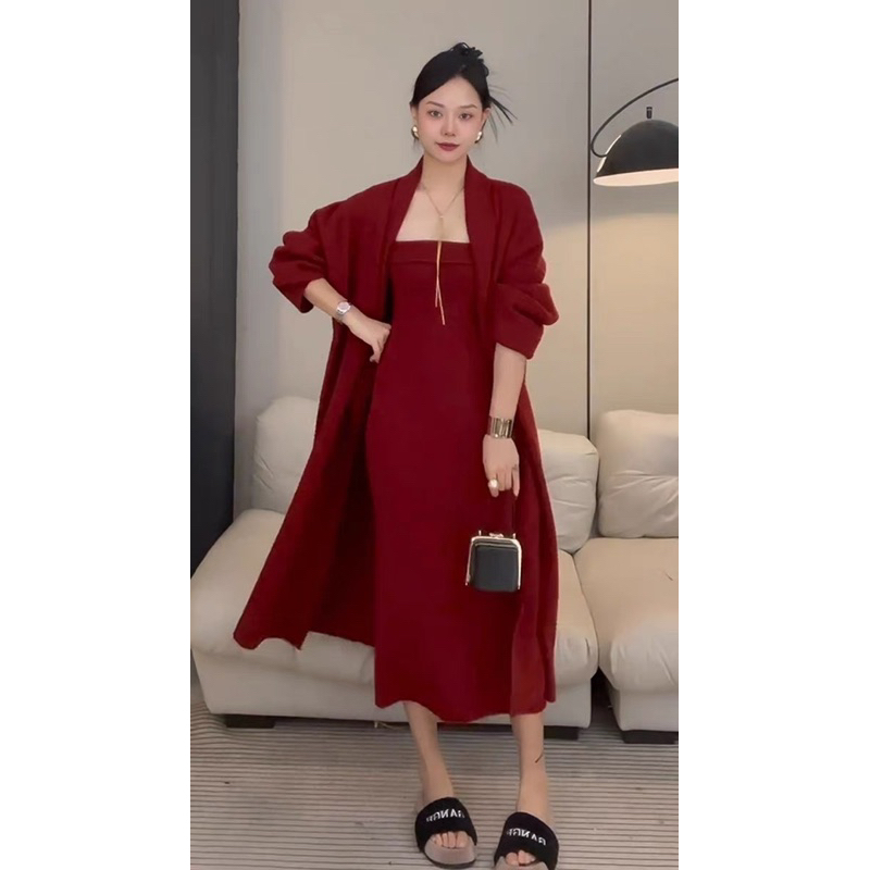 CHOUCHUU Áo khoác cardigan dáng dài và váy ống len màu đỏ sang trọng quý phái