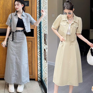 Set 3 món kaki xám áo croptop kèm khoác kaki kèm với chân váy midi kèm nịt