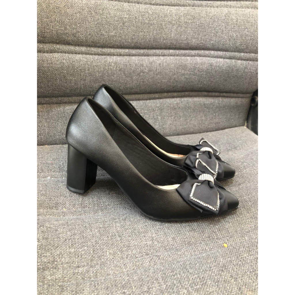 Giày cao gót nữ 5cm mũi nhọn có nơ lụa kiểu dáng tiểu thư đế cao su non mềm êm chân