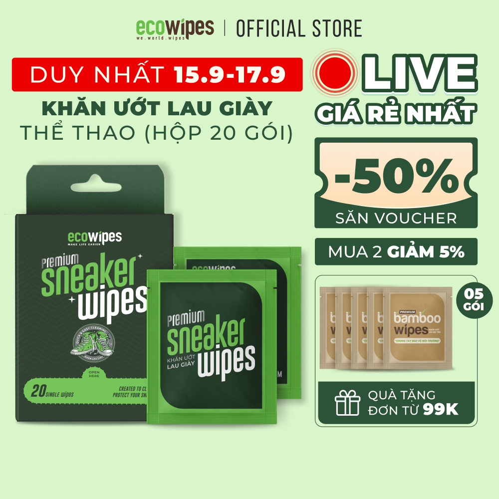 Hộp 20 gói khăn giấy ướt lau giày thể thao Ecowipes travel size premium gói 1 tờ lau nhanh siêu sạch