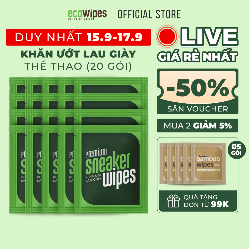 Combo 20 gói khăn giấy ướt lau giày thể thao Ecowipes travel size Premium gói 1 tờ tạo bọt tự tan lau siêu sạch