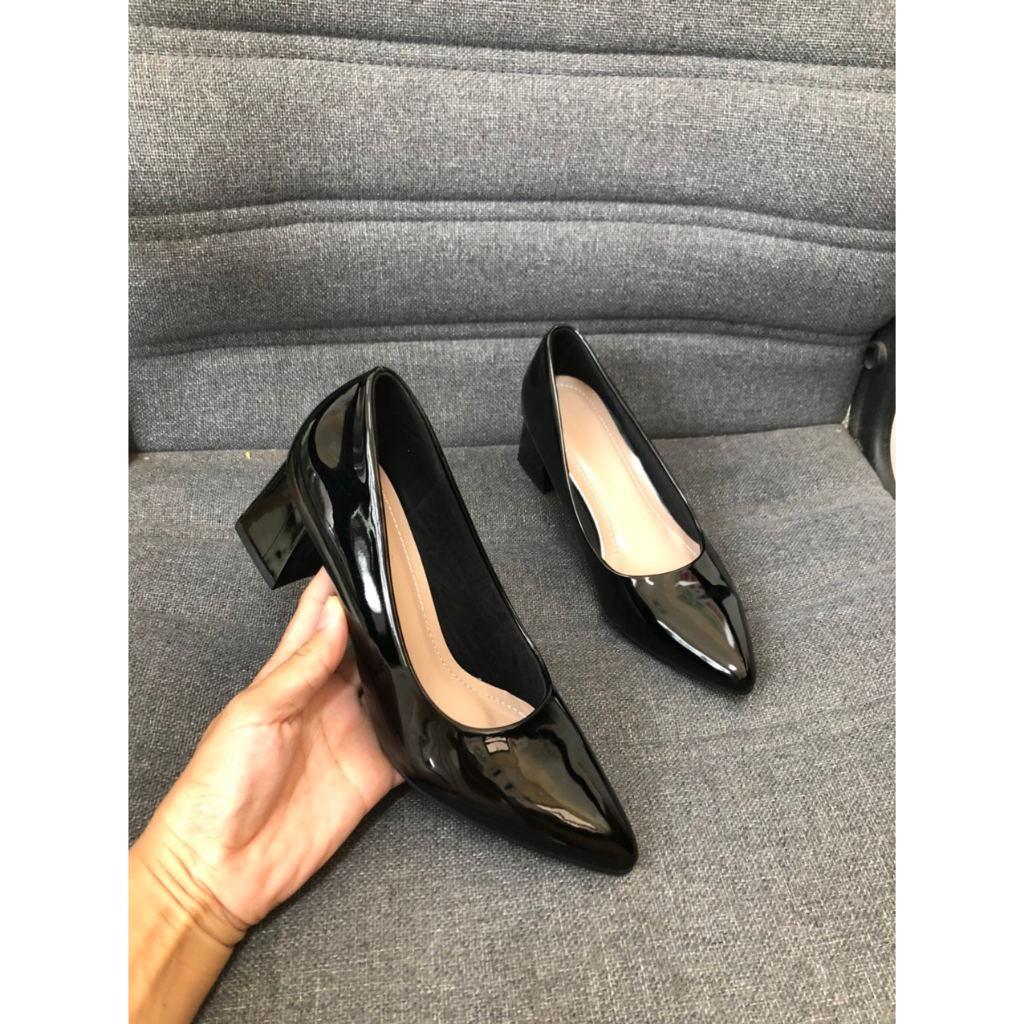 Dép Nữ Giày cao gót nữ 5 phân da bóng mũi nhọn trơn có 2 màu đế cao su non rất êm chân