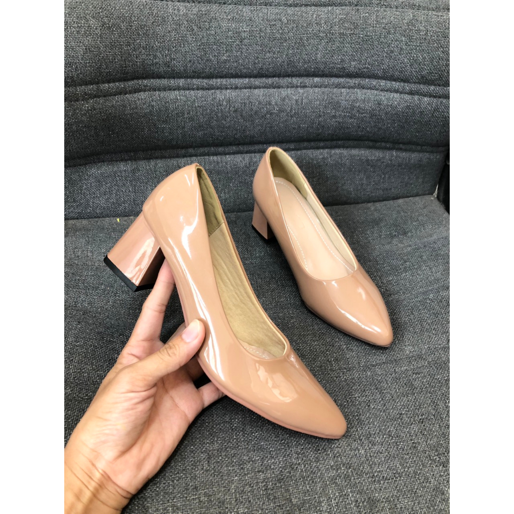 Dép Nữ Giày cao gót nữ 5 phân da bóng mũi nhọn trơn có 2 màu đế cao su non rất êm chân