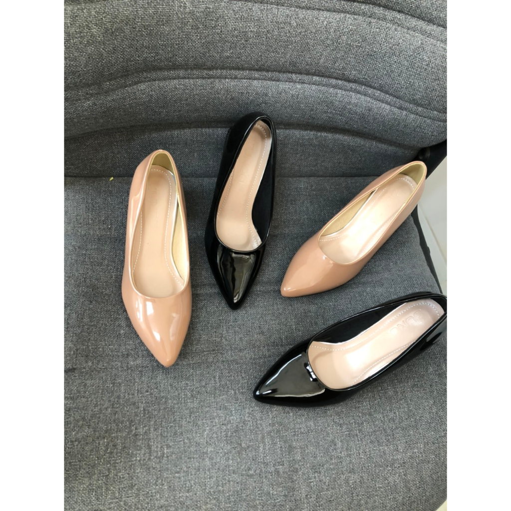 Dép Nữ Giày cao gót nữ 5 phân da bóng mũi nhọn trơn có 2 màu đế cao su non rất êm chân
