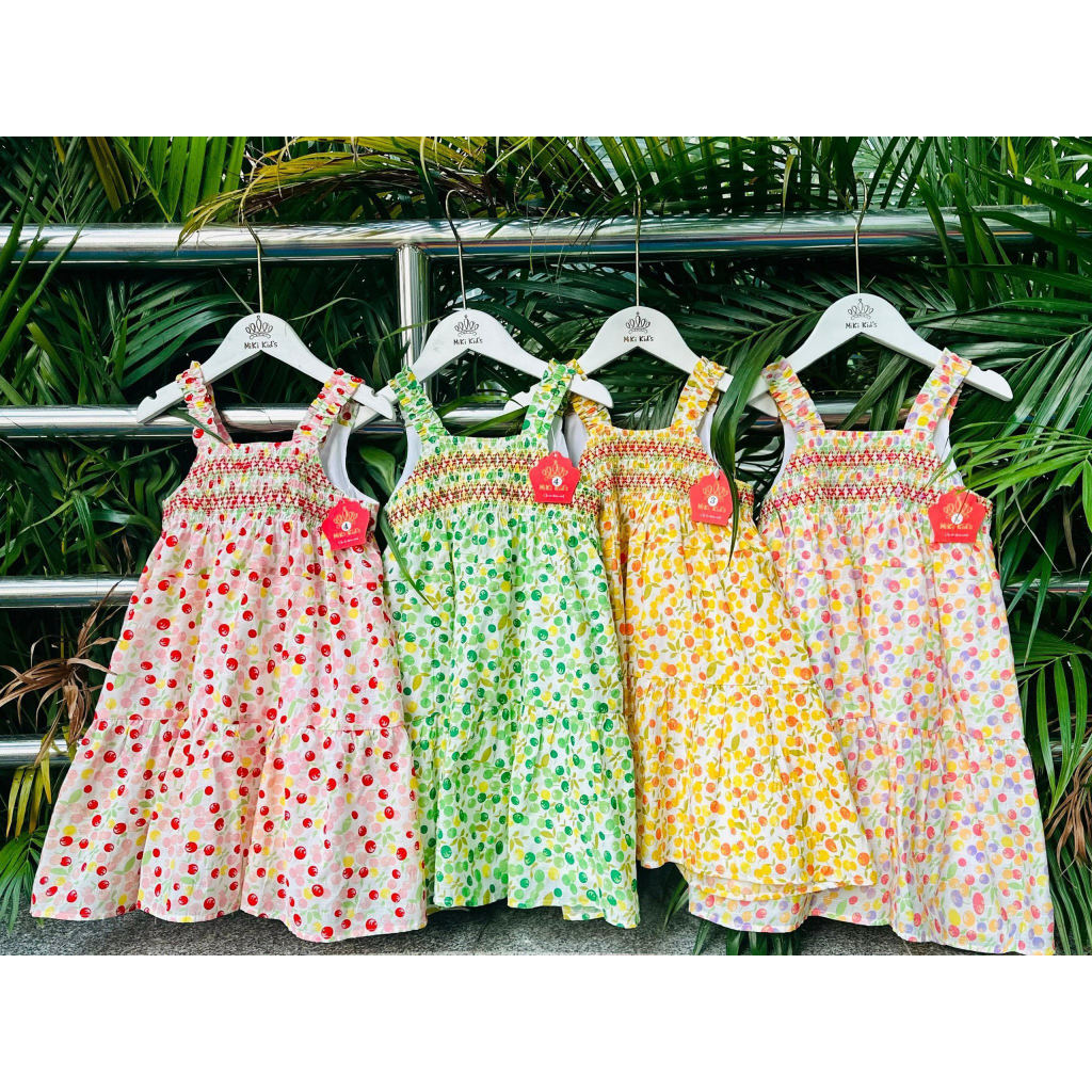 Đầm Cherry ngọt ngào thêu Smock dây dún đáng yêu cho bé gái, váy hai dây cho bé gái 3 -10 tuổi