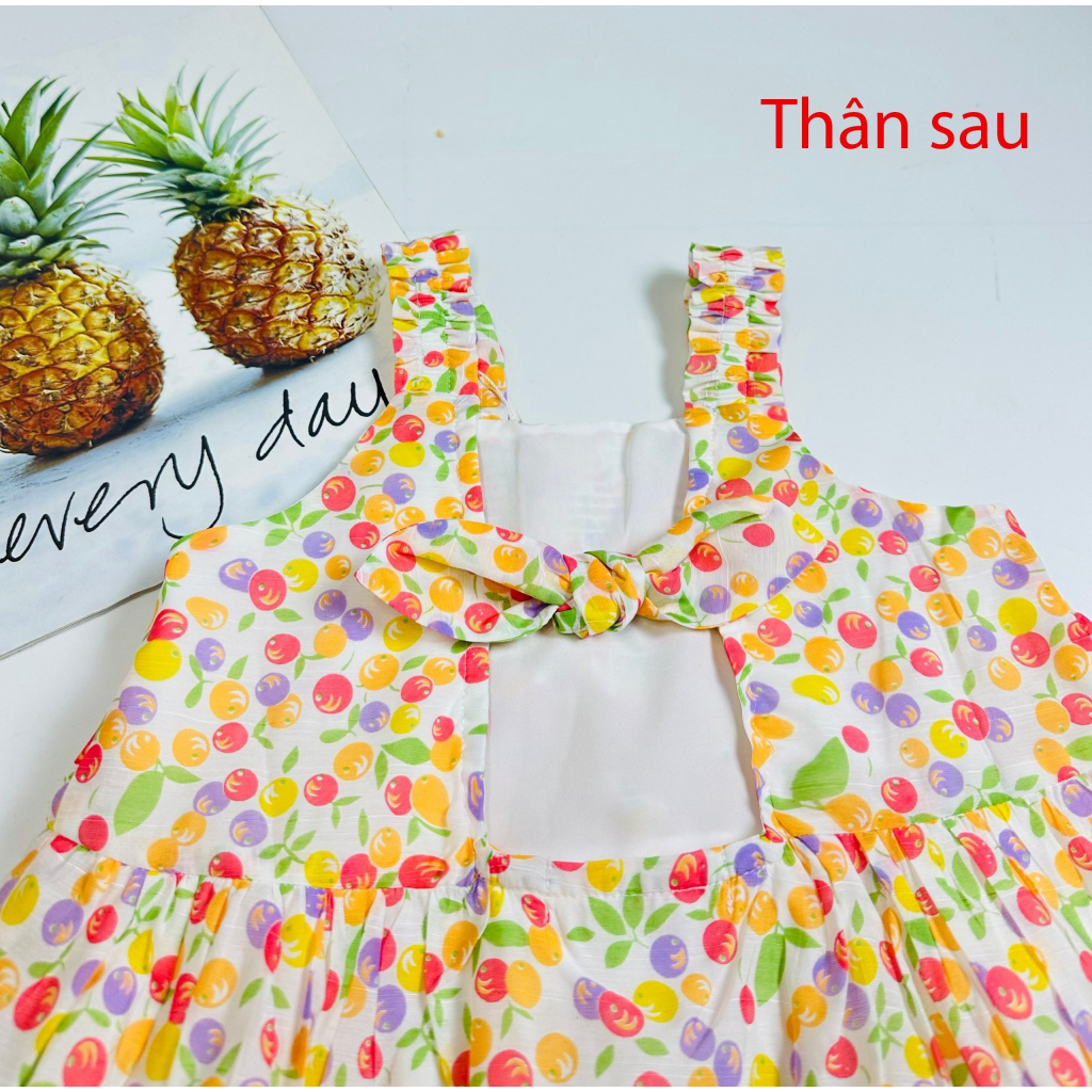 Đầm Cherry ngọt ngào thêu Smock dây dún đáng yêu cho bé gái, váy hai dây cho bé gái 3 -10 tuổi