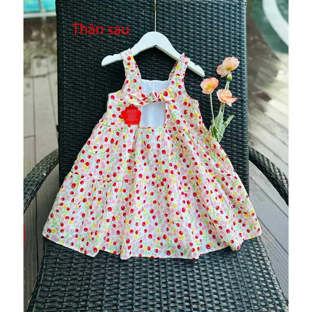 Đầm Cherry ngọt ngào thêu Smock dây dún đáng yêu cho bé gái, váy hai dây cho bé gái 3 -10 tuổi