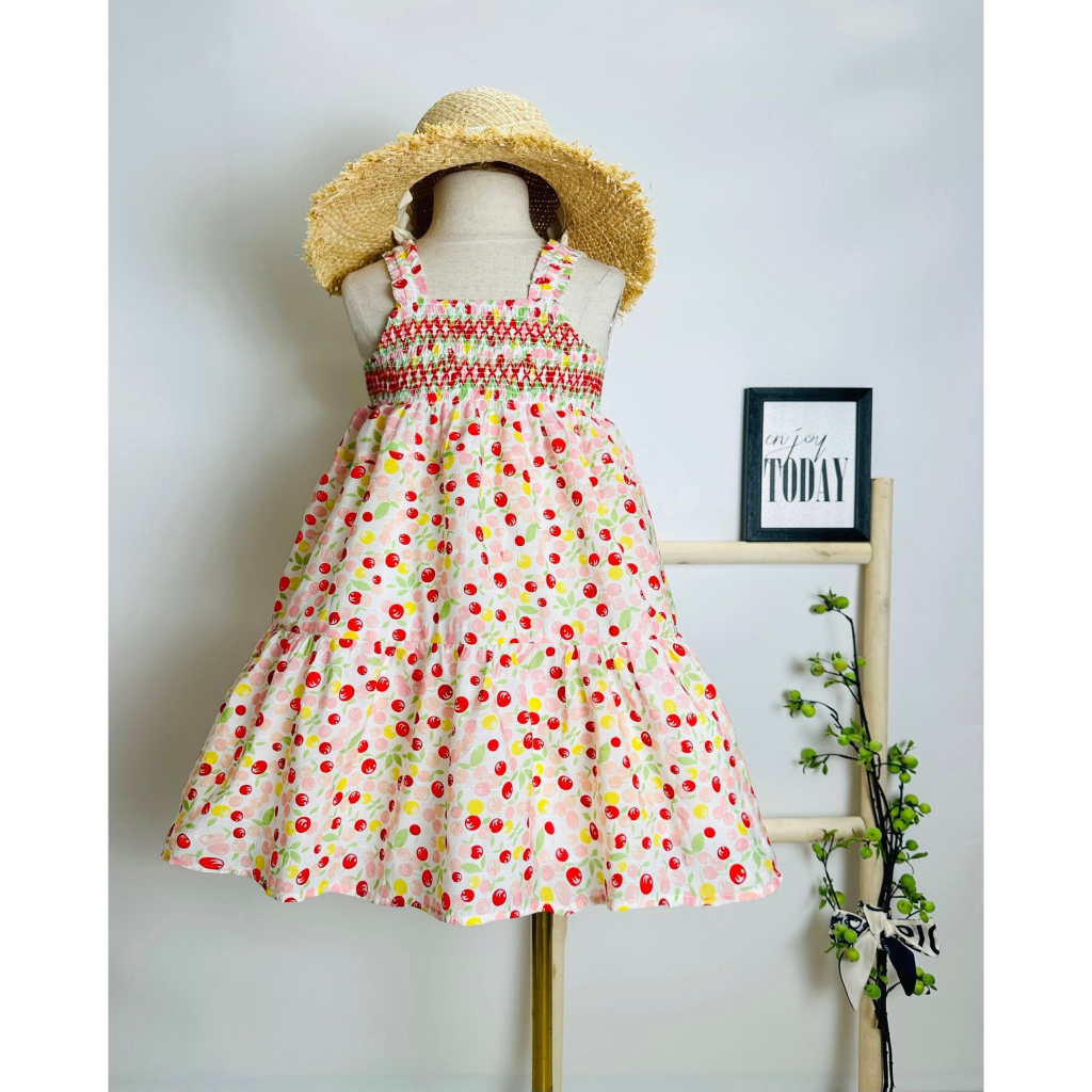 Đầm Cherry ngọt ngào thêu Smock dây dún đáng yêu cho bé gái, váy hai dây cho bé gái 3 -10 tuổi