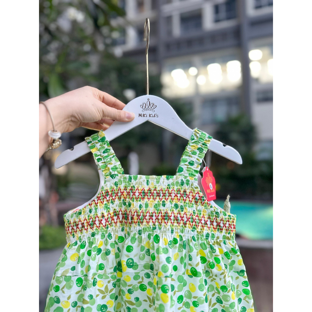 Đầm Cherry ngọt ngào thêu Smock dây dún đáng yêu cho bé gái, váy hai dây cho bé gái 3 -10 tuổi