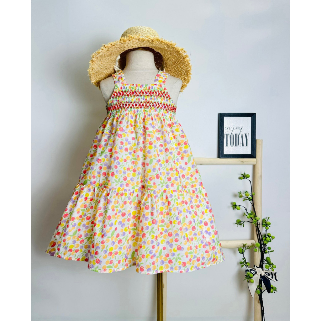 Đầm Cherry ngọt ngào thêu Smock dây dún đáng yêu cho bé gái, váy hai dây cho bé gái 3 -10 tuổi