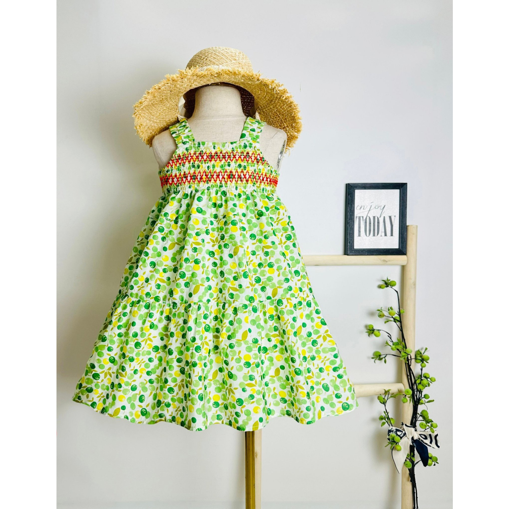 Đầm Cherry ngọt ngào thêu Smock dây dún đáng yêu cho bé gái, váy hai dây cho bé gái 3 -10 tuổi