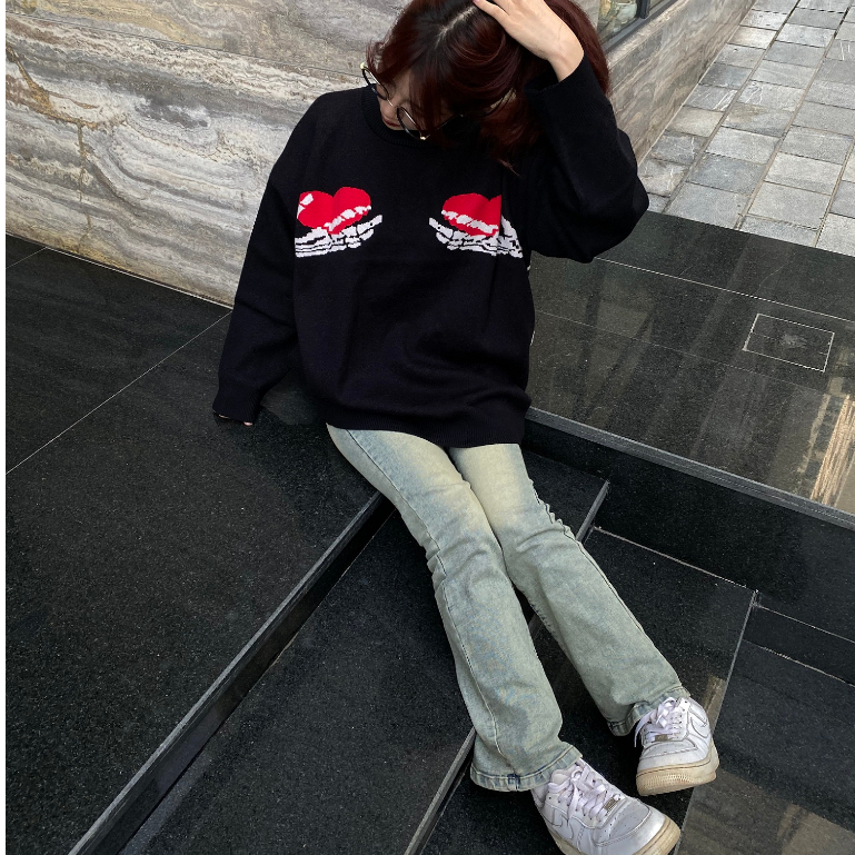 Áo sweater len unisex hoạ tiết Skeleton Heart dáng xuông, sweater thêu hình bộ xương trái tim unisex phong cách boy phố