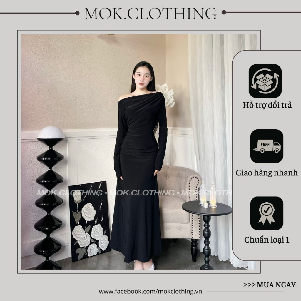 Đầm váy nữ trễ vai dáng dài dài tay ôm eo chân váy xoè xếp nhún cổ siêng sang chảnh a1 - nx3653