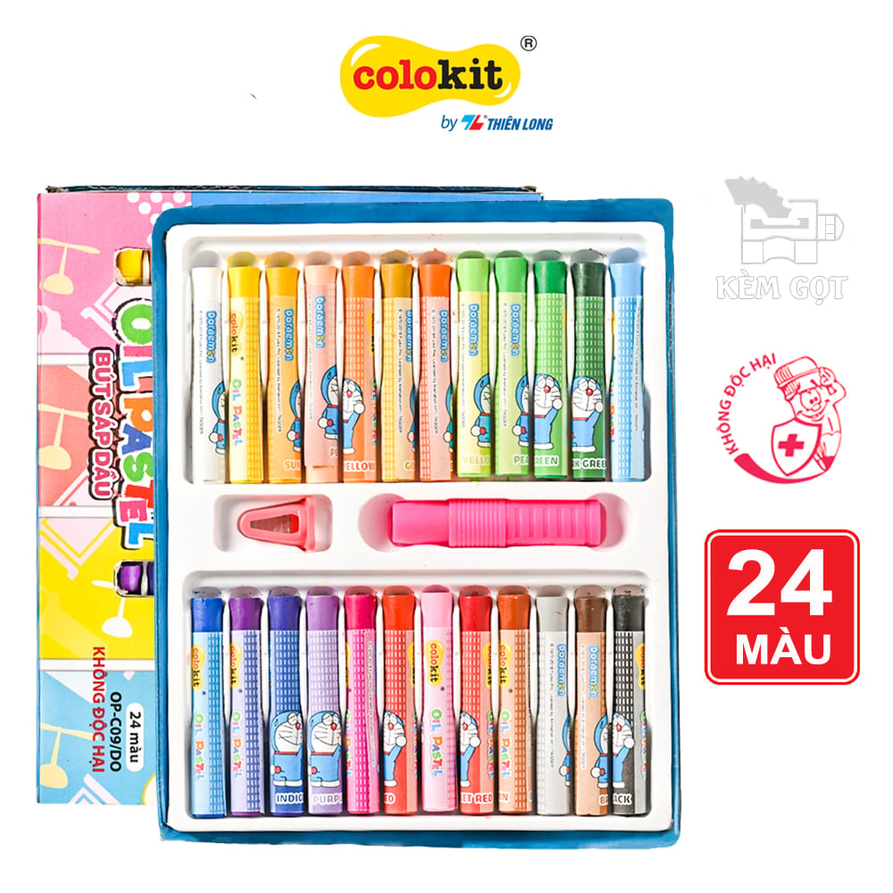 Bút sáp dầu học sinh màu Pastel Thiên Long Colokit phiên bản Doraemon OP-C09/DO 24 màu - tặng kẹp chống bẩn và chuốt sáp