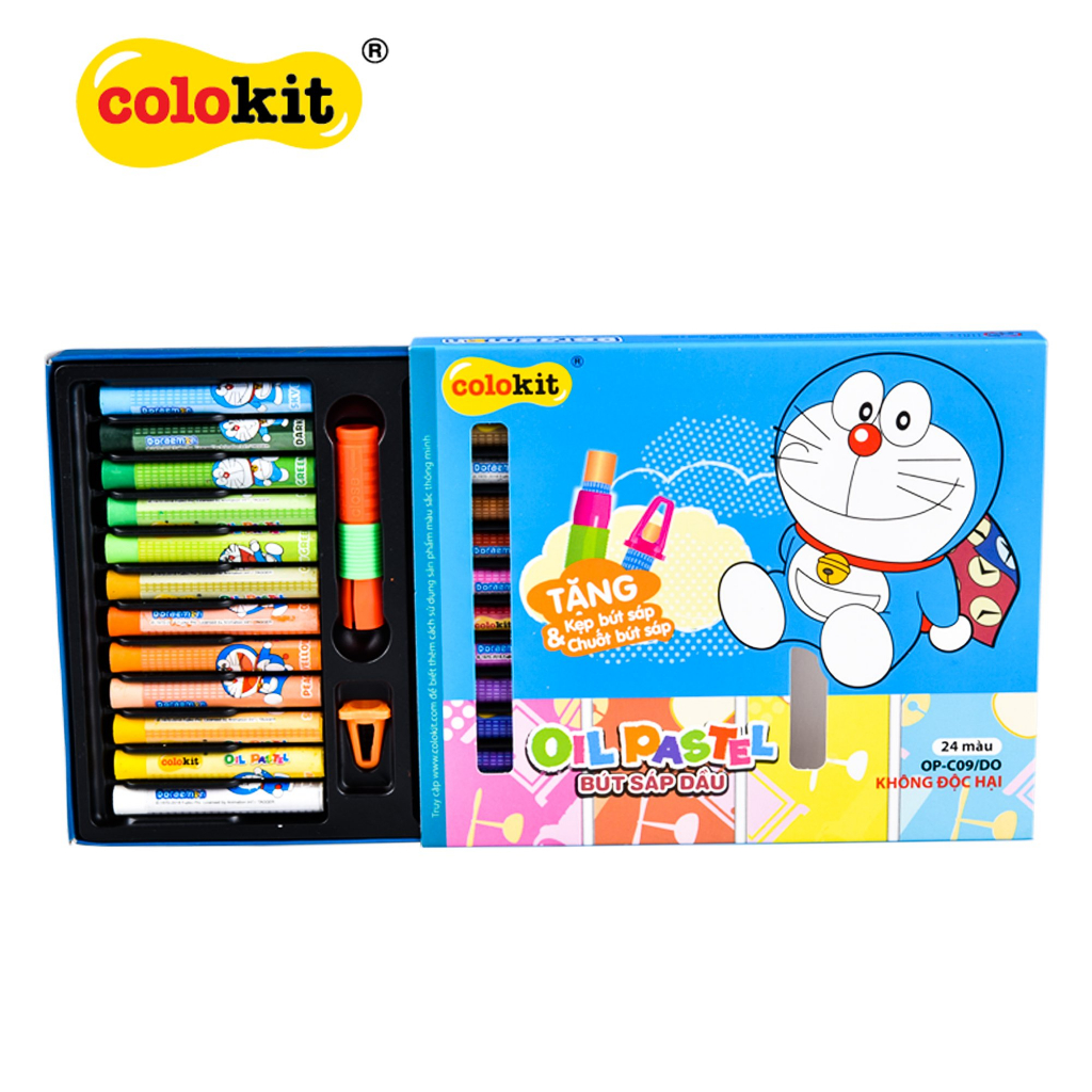Bút sáp dầu học sinh màu Pastel Thiên Long Colokit phiên bản Doraemon OP-C09/DO 24 màu - tặng kẹp chống bẩn và chuốt sáp