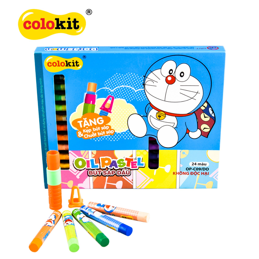 Bút sáp dầu học sinh màu Pastel Thiên Long Colokit phiên bản Doraemon OP-C09/DO 24 màu - tặng kẹp chống bẩn và chuốt sáp