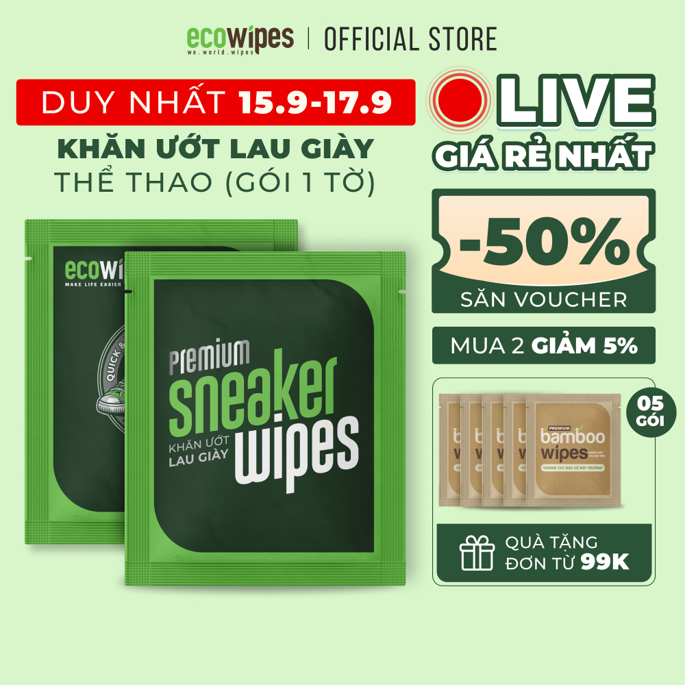 Khăn giấy ướt lau giày thể thao Ecowipes travel size premium gói 1 tờ tạo bọt tự tan lau siêu sạch