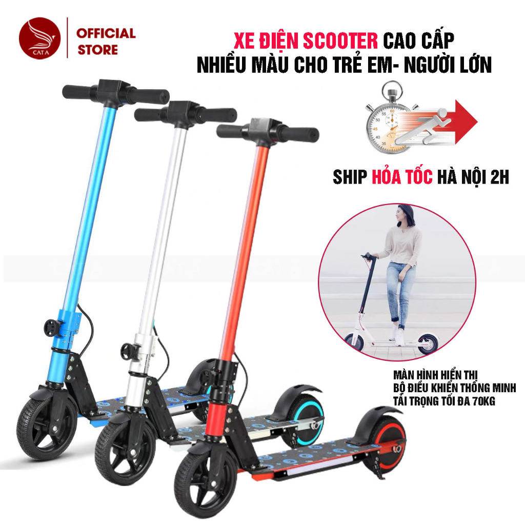 Xe trượt điện Scooter màu xám cỡ lớn, có phanh tay, chân chống chịu tải đến 70kg cho thiếu niên và trẻ nhỏ