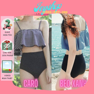 Đồ Bơi Nữ Đi Biển Quần Cạp Cao kèm Voan Bèo 2 Dây CÓ ĐỆM KÈM GỌNG Mặc Được 2 Kiểu Quây Ngực Và Trễ vai thanh lý