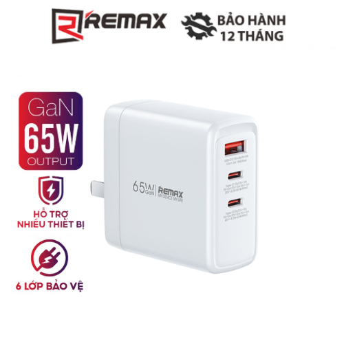 Cốc sạc nhanh Remax RP-U100 1 cổng USB 2 cổng Type C Max 65W công nghệ GaN