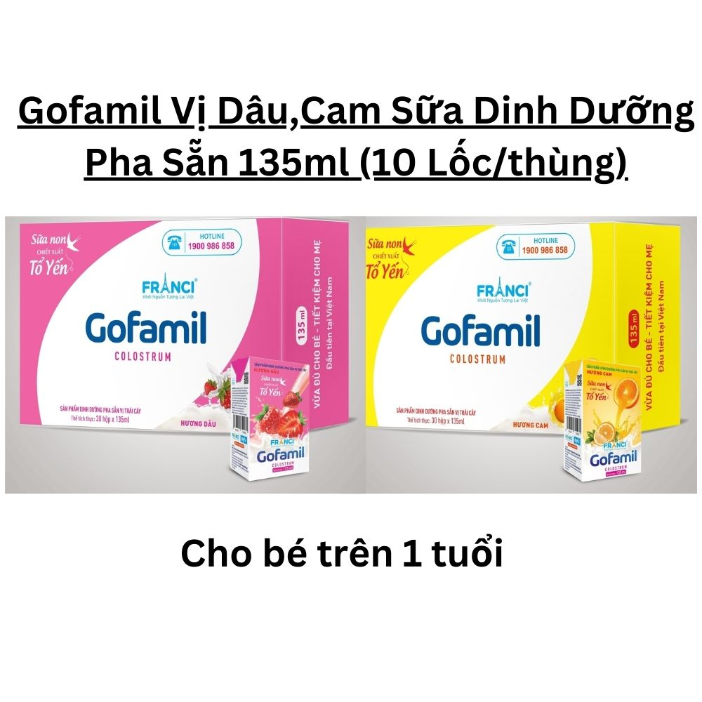 Thùng 12 lốc sữa non tổ yến Gofami Australia hương trái cây dâu, cam 135ml