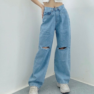 Quần Ống Rộng Bigsize Rách 2 Gối, Không Giãn, Dài 105cm, Lưng Cao Qua Rốn
