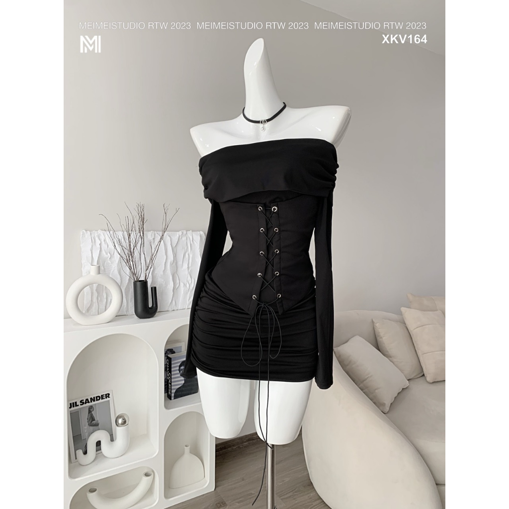 Váy thun dúm hông trễ vai, đai đan dây, dáng ngắn đến đùi dài tay, vải co giãn thoải mái, mặc đi chơi, đi tiệc | XKV164