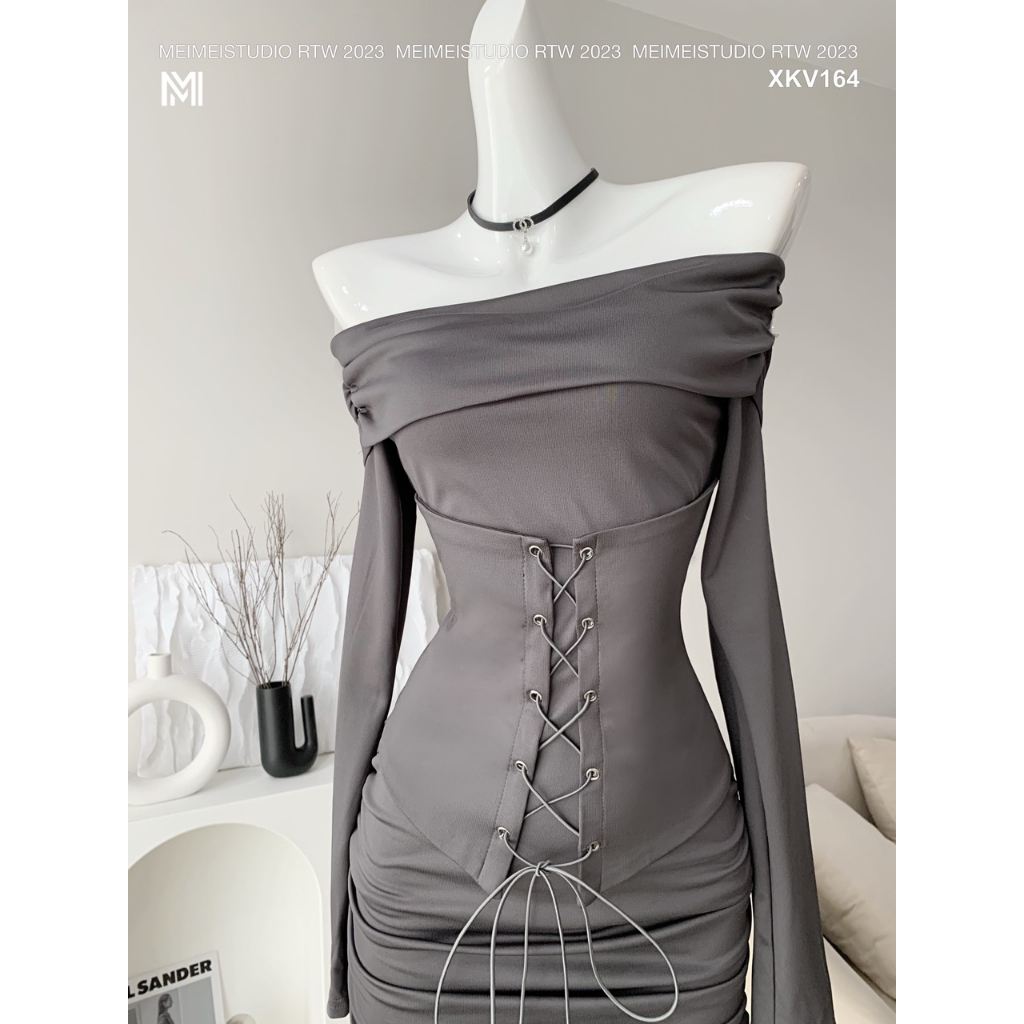 Váy thun dúm hông trễ vai, đai đan dây, dáng ngắn đến đùi dài tay, vải co giãn thoải mái, mặc đi chơi, đi tiệc | XKV164