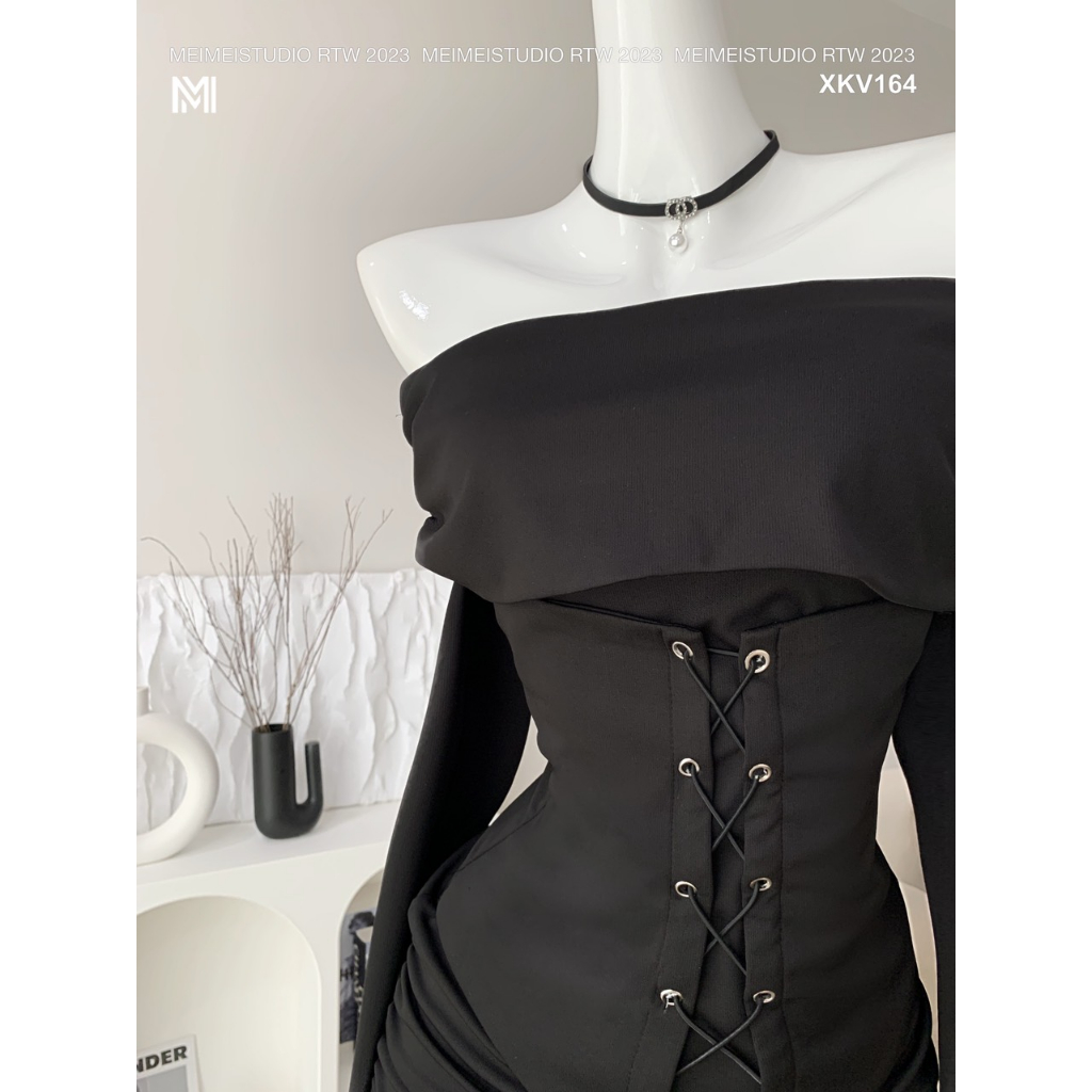 Váy thun dúm hông trễ vai, đai đan dây, dáng ngắn đến đùi dài tay, vải co giãn thoải mái, mặc đi chơi, đi tiệc | XKV164