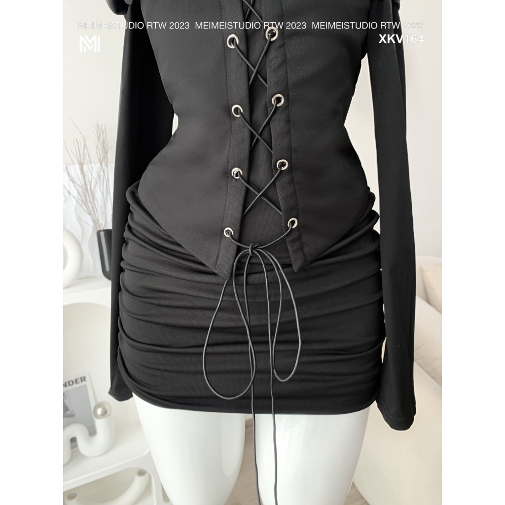 Váy thun dúm hông trễ vai, đai đan dây, dáng ngắn đến đùi dài tay, vải co giãn thoải mái, mặc đi chơi, đi tiệc | XKV164