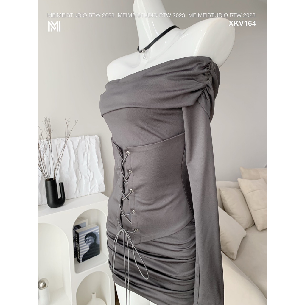 Váy thun dúm hông trễ vai, đai đan dây, dáng ngắn đến đùi dài tay, vải co giãn thoải mái, mặc đi chơi, đi tiệc | XKV164