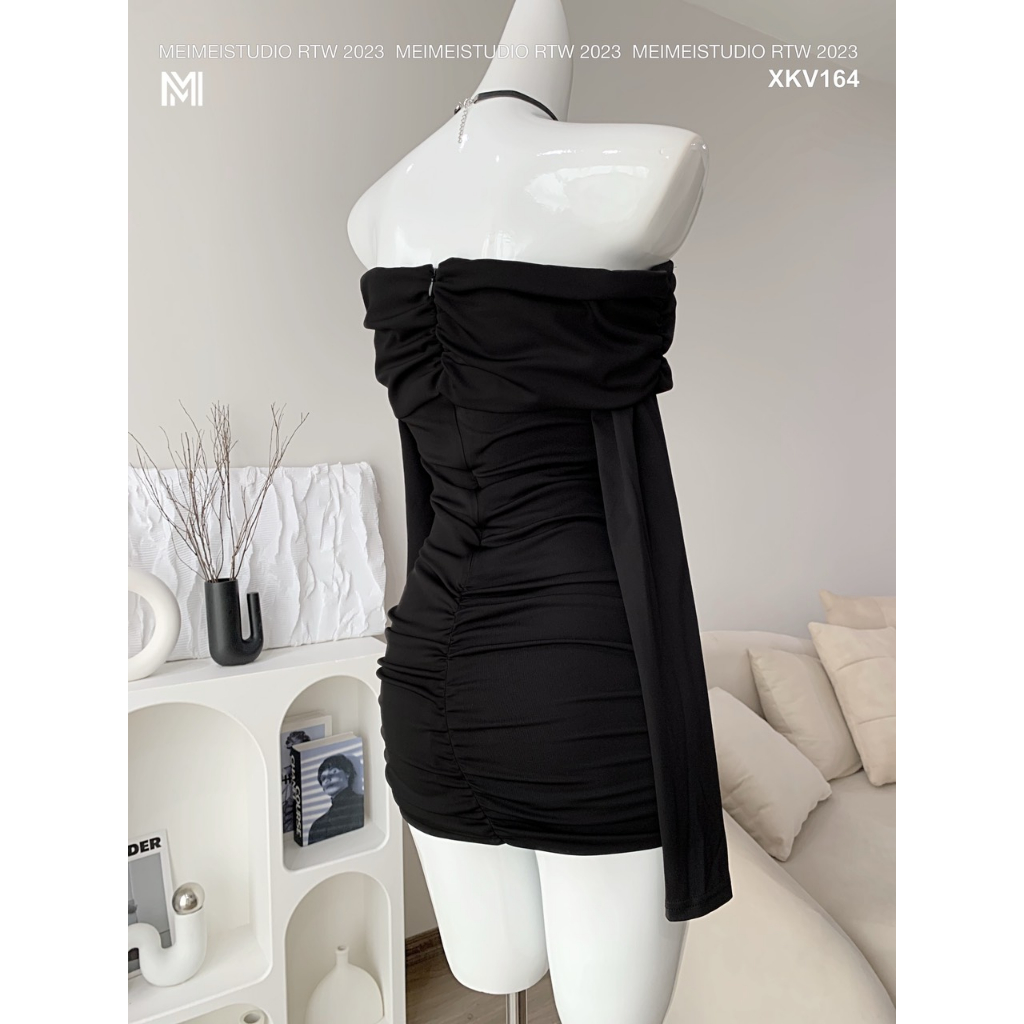 Váy thun dúm hông trễ vai, đai đan dây, dáng ngắn đến đùi dài tay, vải co giãn thoải mái, mặc đi chơi, đi tiệc | XKV164