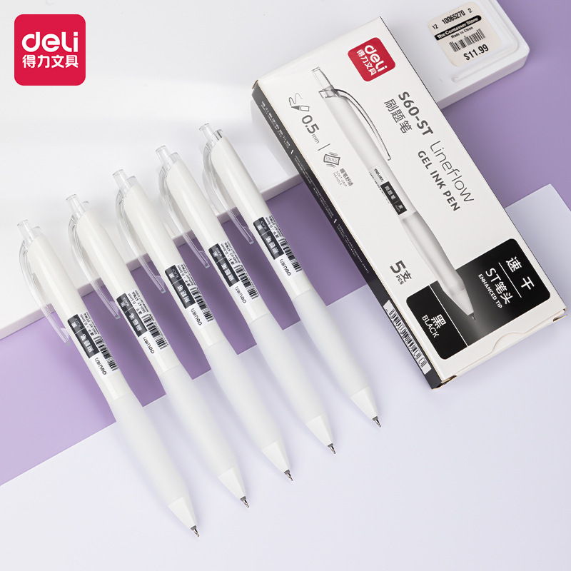 Bút gel Deli thiết kế trắng sang trọng ngòi 0,5mm mực đen bấm khô nhanh S60-JZ/S60-ST