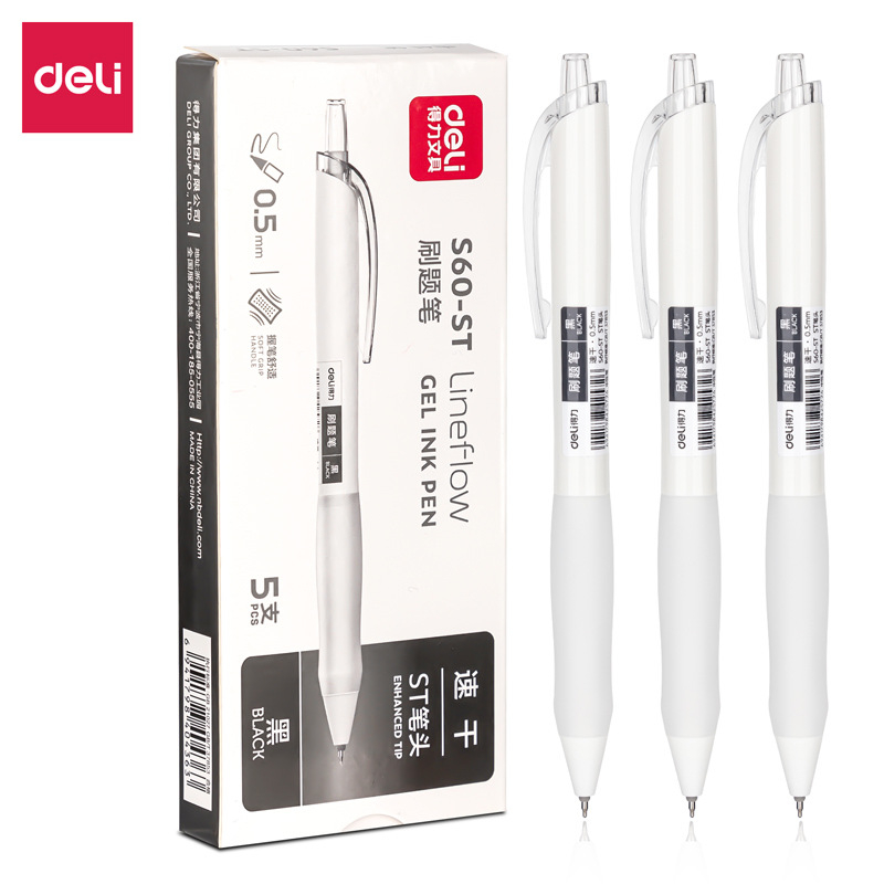 Bút gel Deli thiết kế trắng sang trọng ngòi 0,5mm mực đen bấm khô nhanh S60-JZ/S60-ST