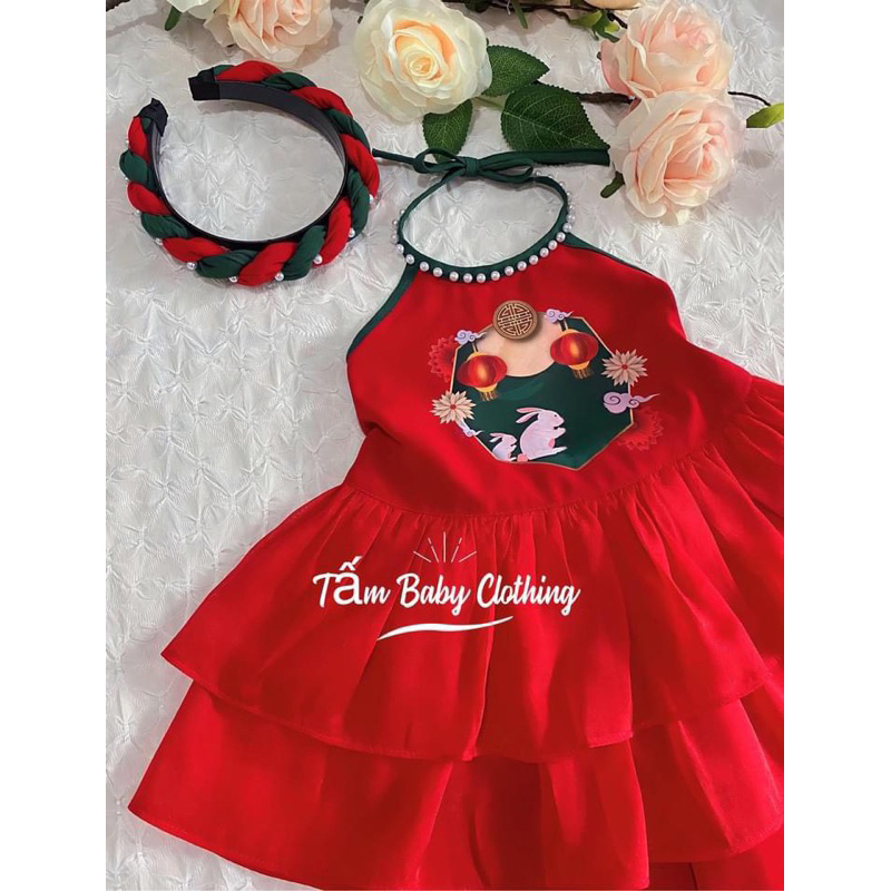 Set yếm đào đỏ quần xanh kèm bờm cho bé gái