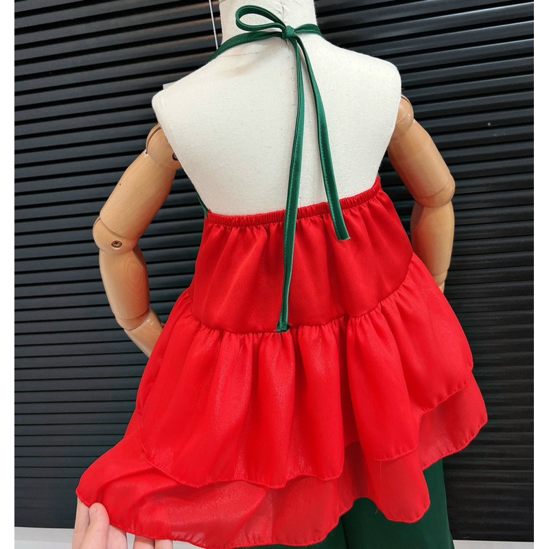 Set yếm đào đỏ quần xanh kèm bờm cho bé gái