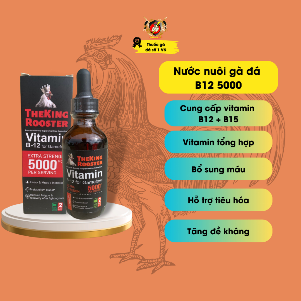 Thuốc gà đá, nước nuôi gà đá B12 5000, nhập chính hãng Mỹ giúp tăng cơ bắp, lên nước máu, nở khung xương.
