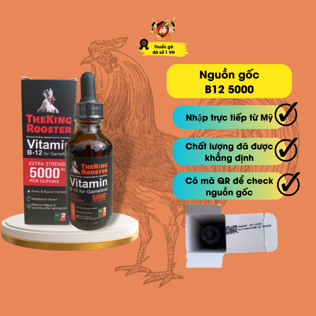 Thuốc gà đá, nước nuôi gà đá B12 5000, nhập chính hãng Mỹ giúp tăng cơ bắp, lên nước máu, nở khung xương.