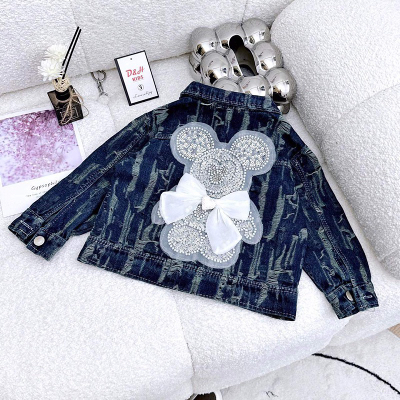 Áo khoác jean bò gấu nơ cho bé gái 10 đến 35kg