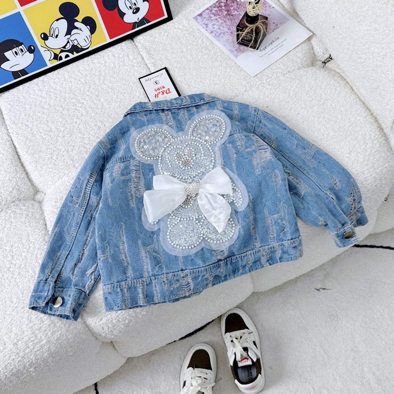 Áo khoác jean bò gấu nơ cho bé gái 10 đến 35kg