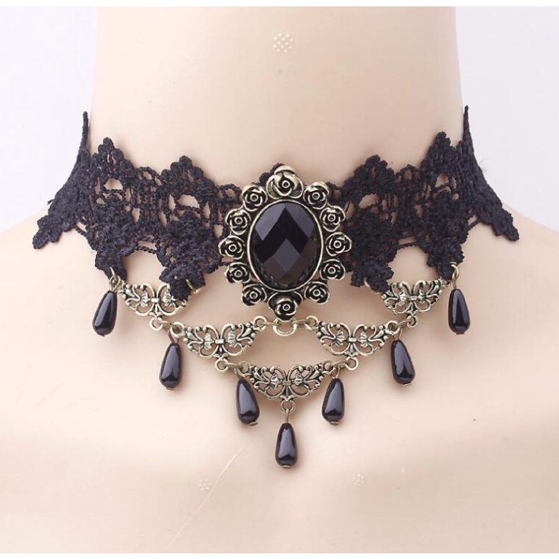 Vòng cổ dây chuyền choker nữ vải ren gương hoa hồng đính ngọc trai nhân tạo phong cách hàn quốc cá tính
