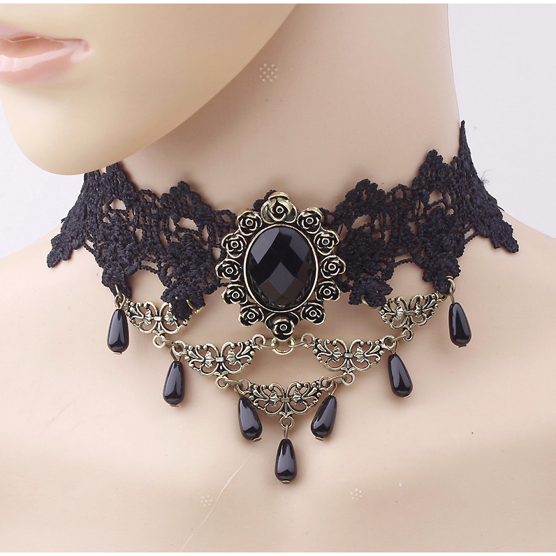 Vòng cổ dây chuyền choker nữ vải ren gương hoa hồng đính ngọc trai nhân tạo phong cách hàn quốc cá tính