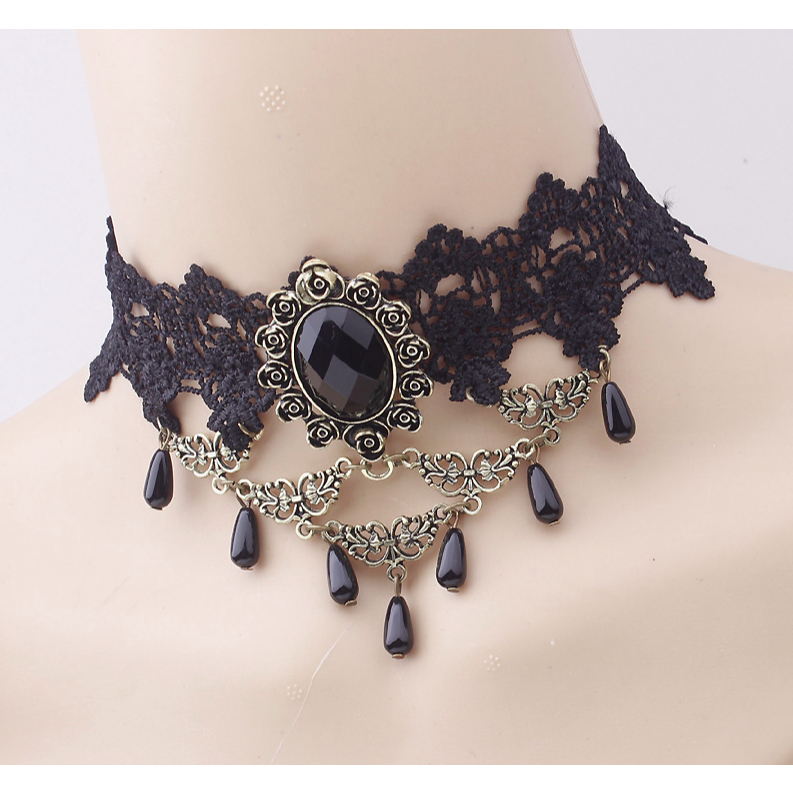 Vòng cổ dây chuyền choker nữ vải ren gương hoa hồng đính ngọc trai nhân tạo phong cách hàn quốc cá tính