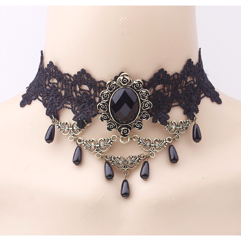 Vòng cổ dây chuyền choker nữ vải ren gương hoa hồng đính ngọc trai nhân tạo phong cách hàn quốc cá tính