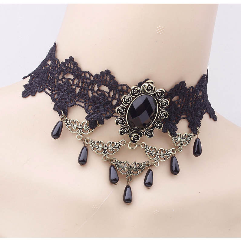 Vòng cổ dây chuyền choker nữ vải ren gương hoa hồng đính ngọc trai nhân tạo phong cách hàn quốc cá tính
