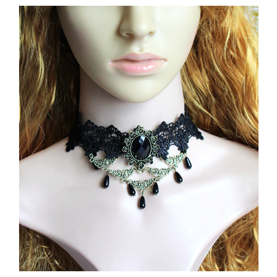 Vòng cổ dây chuyền choker nữ vải ren gương hoa hồng đính ngọc trai nhân tạo phong cách hàn quốc cá tính